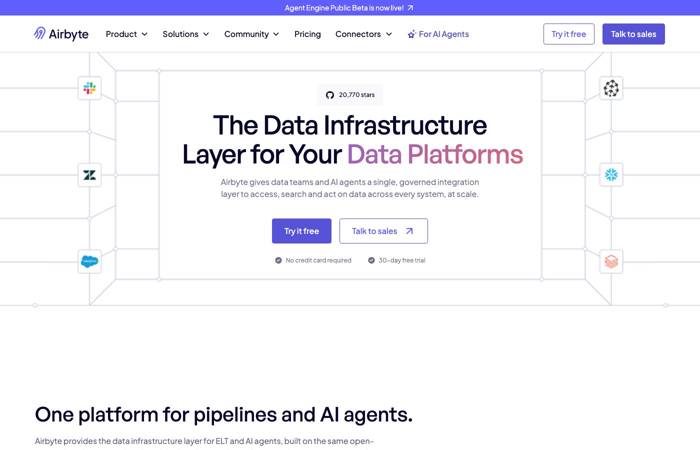 Airbyte connection dashboard showing source-to-destination sync status and connector catalog